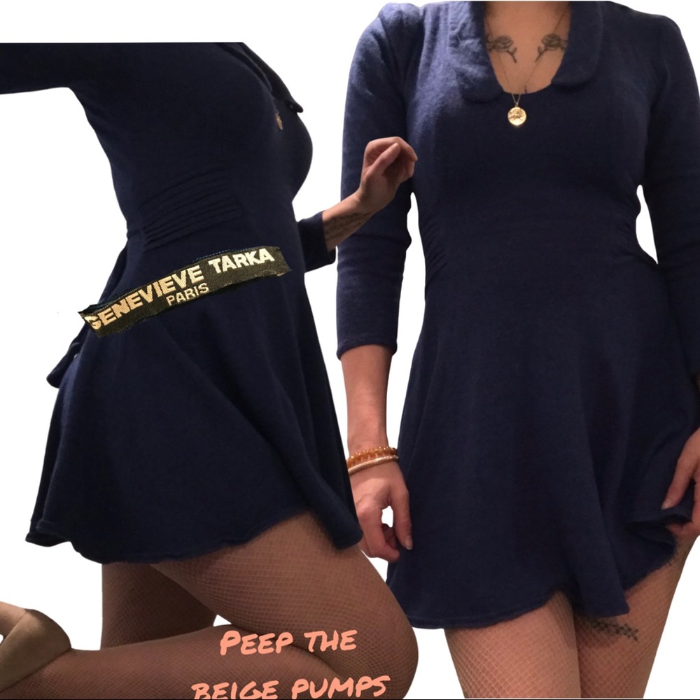 Navy blue long sleeve babydoll dress & collar midi